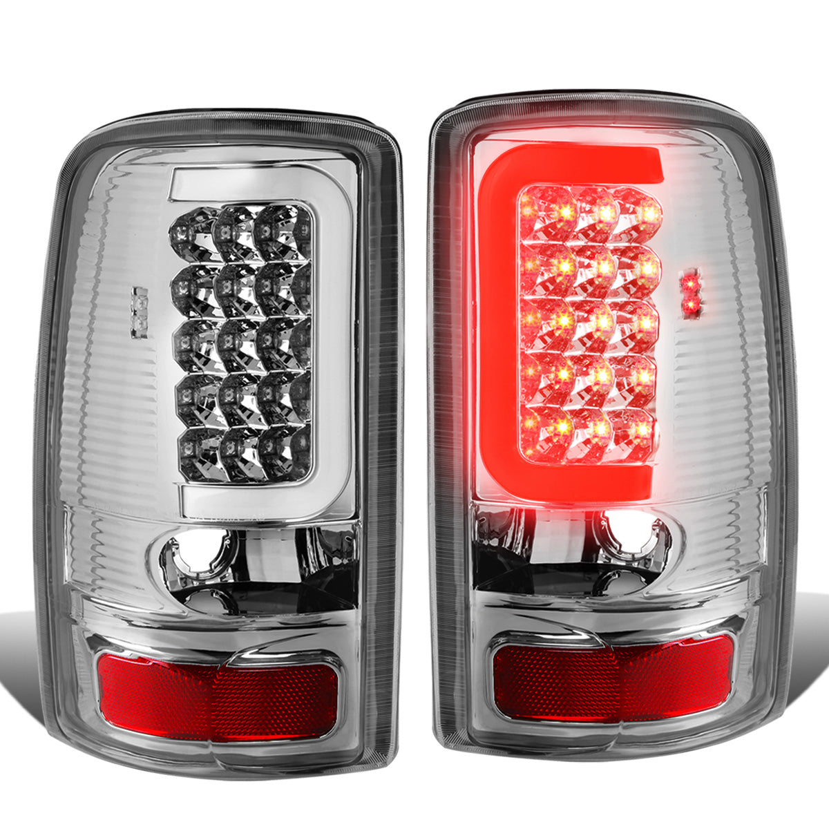 FAROS TRASEROS 00-06 CHEVY TAHOE , CHEVY SUBURBAN 1500 , 2500 , GMC YUKON , YUKON XL 1500 , 2500 - C-BAR - 3D - U-HALO LED - FITS LIFT DOOR MODELS ONLY , DOES NOT FIT BARN DOOR MODELS - CHROME / CLEAR