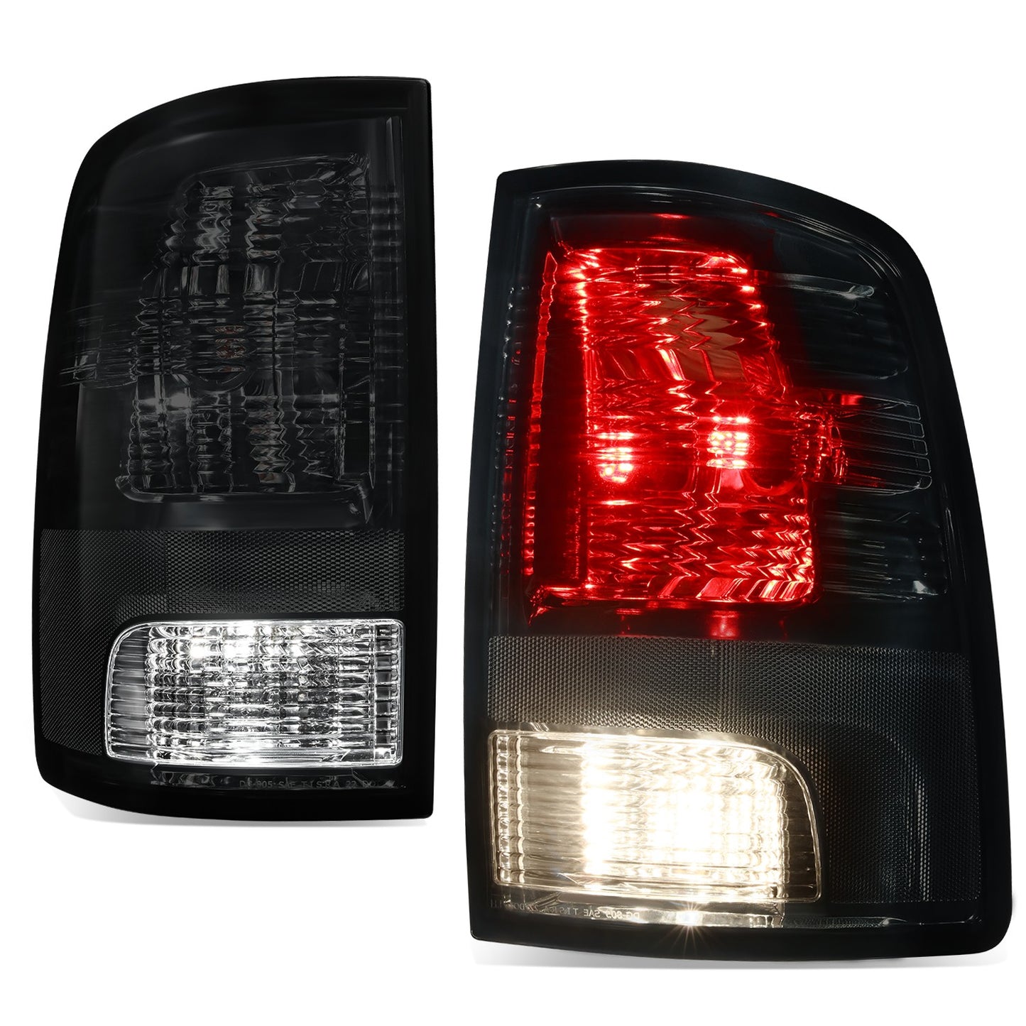 FAROS TRASEROS 09-10 DODGE RAM 1500 / 2010 RAM 2500, 3500 / 11-18 RAM 1500, 2500, 3500 / 19-22 RAM 1500 CLASSIC - FITS MODELS WITH FACTORY HALOGEN TAIL LIGHTS ONLY - DOES NOT FIT MODELS WITH FACTORY LED TAIL LIGHTS - LED - PAIR - BLACK / SMOKE