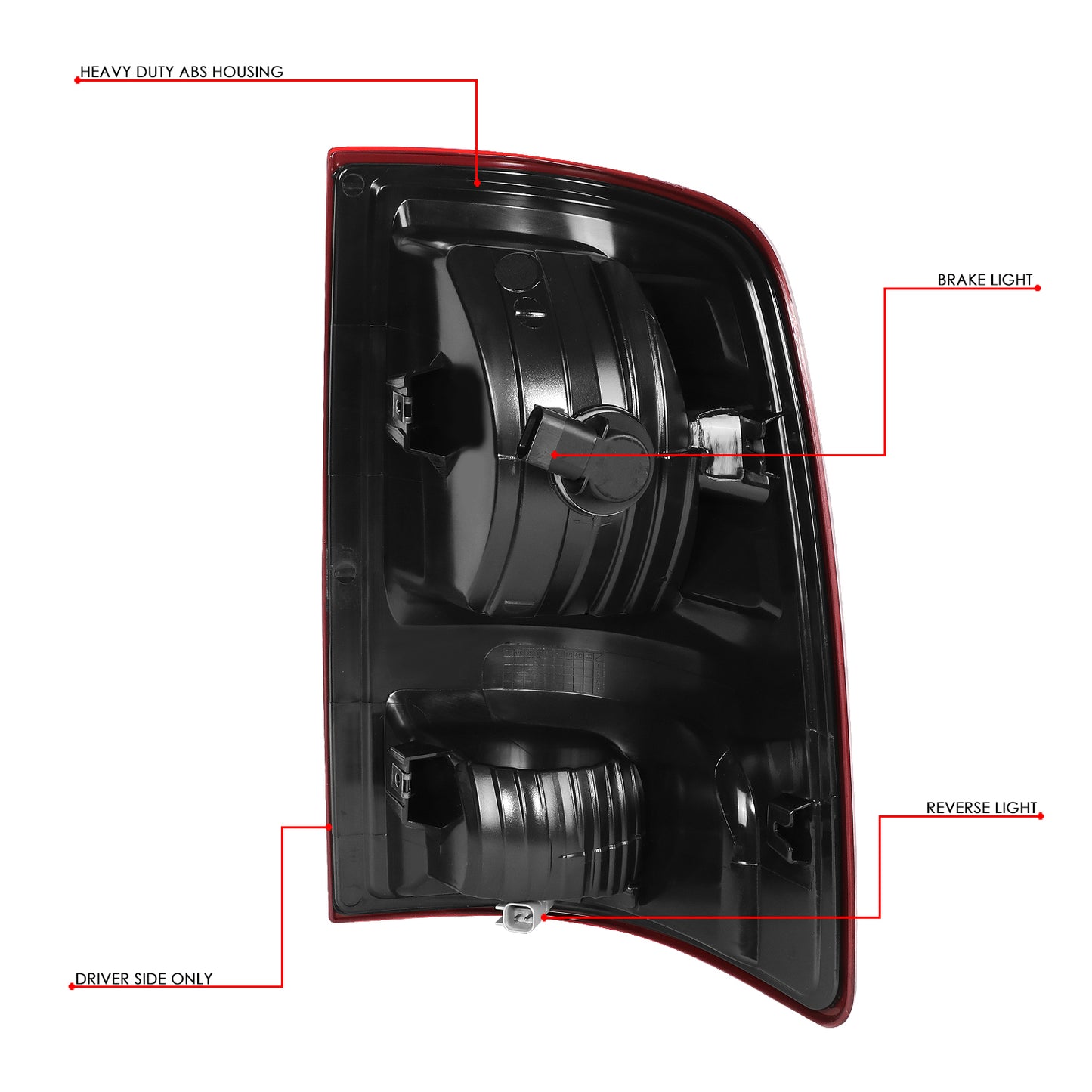 FAROS TRASEROS 09-10 DODGE RAM 1500 / 2010 RAM 2500, 3500 / 11-18 RAM 1500, 2500, 3500 / 19-22 RAM 1500 CLASSIC - FITS MODELS WITH FACTORY HALOGEN TAIL LIGHTS ONLY - DOES NOT FIT MODELS WITH FACTORY LED TAIL LIGHTS - LED - LEFT - RED