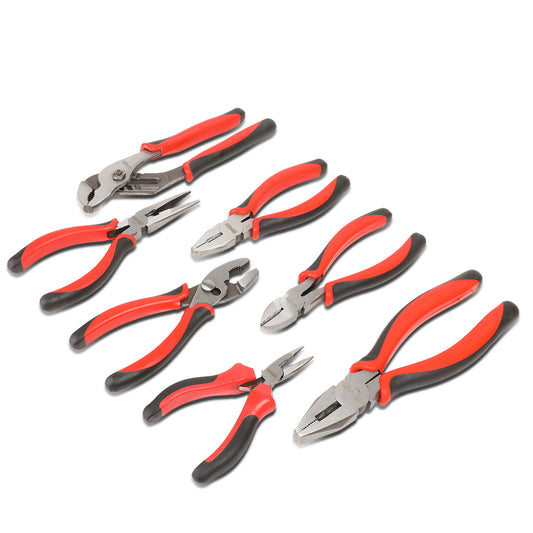 HERRAMIENTAS DNA LOGO - 7PC - 5" NEEDLE NOSE PLIER, 6-1/2" LINESMAN PLIER, 6" SLIP JOINT PLIER, 6-1/2" NEEDLE NOSE PLIER, 6-1/2" DIAGONAL CUTTER, 8" GROOVE JOINT PLIER, 8" LINESMAN PLIER - 1/2" JAW OPENING - BLACK / RED RUBBER GRIP