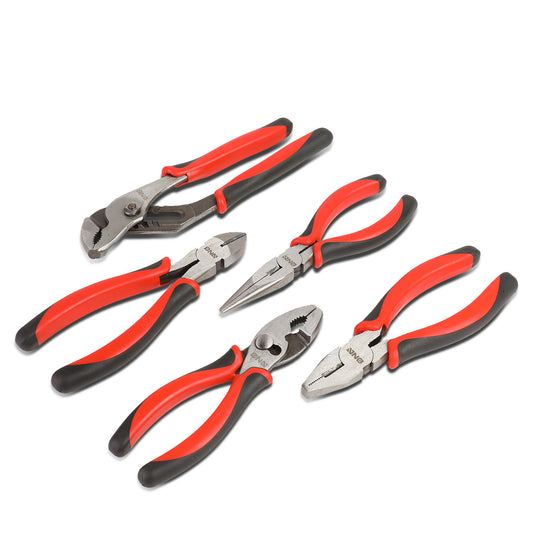 HERRAMIENTAS DNA LOGO - 5PC - 6-1/2" LINESMAN PLIER, 6-1/2" SLIP JOINT PLIER, 6-1/2" NEEDLE NOSE PLIER, 6-1/2" DIAGONAL CUTTER, 8" GROOVE JOINT PLIER - 1/2" JAW OPENING - BLACK / RED RUBBER GRIP