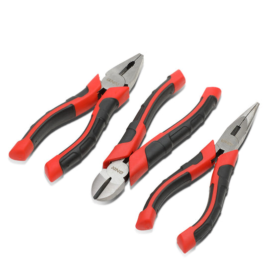 HERRAMIENTAS DNA LOGO - 3PC - 6-1/2" LINESMAN PLIER, 6-1/2" NEEDLE NOSE PLIER, 6-1/2" DIAGONAL CUTTER - 1/2" JAW OPENING - BLACK / RED RUBBER GRIP