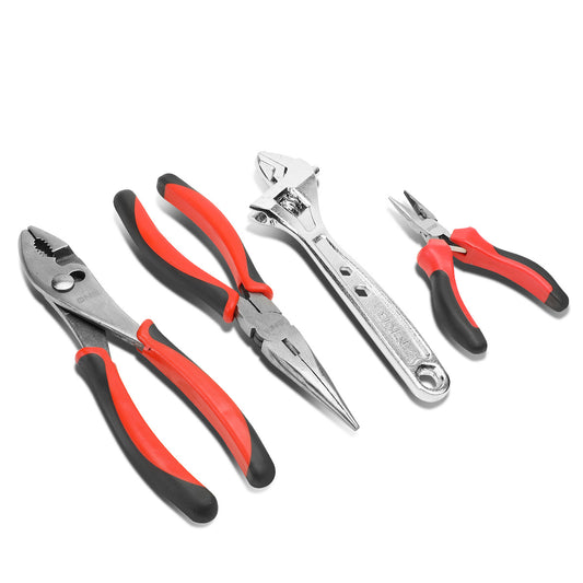 HERRAMIENTAS DNA LOGO - 4PC - 5" NEEDLE NOSE PLIER, 8" SLIP JOINT PLIER, 8" NEEDLE NOSE PLIER, 8" ADJUSTABLE WRENCH - 1/2" JAW OPENING - BLACK / RED RUBBER GRIP