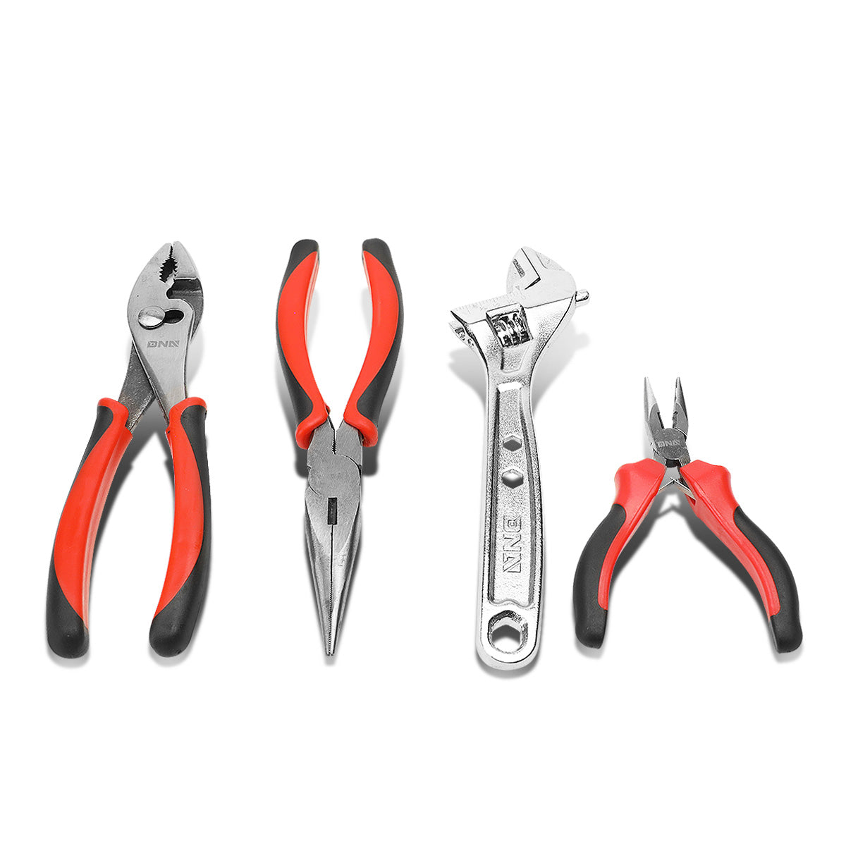 HERRAMIENTAS DNA LOGO - 4PC - 5" NEEDLE NOSE PLIER, 8" SLIP JOINT PLIER, 8" NEEDLE NOSE PLIER, 8" ADJUSTABLE WRENCH - 1/2" JAW OPENING - BLACK / RED RUBBER GRIP
