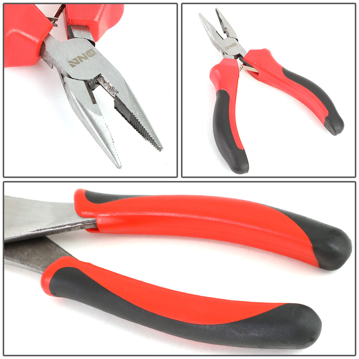 HERRAMIENTAS DNA LOGO - 4PC - 5" NEEDLE NOSE PLIER, 8" SLIP JOINT PLIER, 8" NEEDLE NOSE PLIER, 8" ADJUSTABLE WRENCH - 1/2" JAW OPENING - BLACK / RED RUBBER GRIP