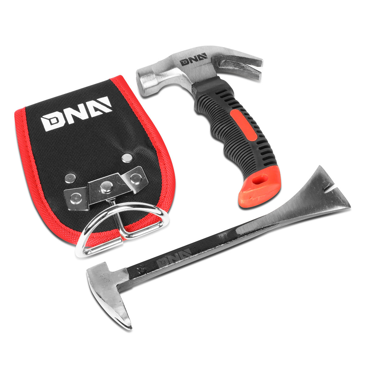 HERRAMIENTAS DNA LOGO - 8OZ HAMMER HEAD - 8" MULTI-PURPOSE PRY BAR - W/ HAMMER HOLSTER - BLACK / RED RUBBER GRIP