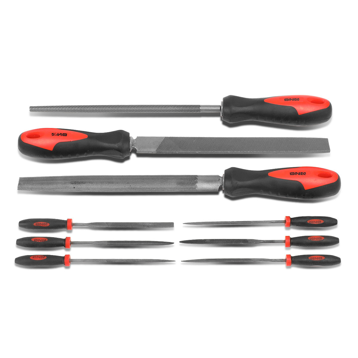 HERRAMIENTAS DNA LOGO - 9PCS - 12" LONG BASTARD FILES / 6" NEEDLE FILES - BLACK / RED