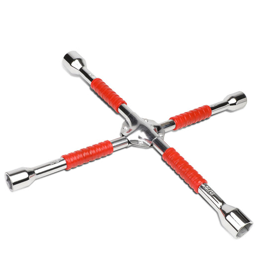 HERRAMIENTAS WAY CROSS LUG WRENCH - DNA LOGO - FITS 7/8", 11/16", 13/16", 3/4" LUG NUT SIZES - CHROME VANADIUM STEEL - 16" - RED / SILVER