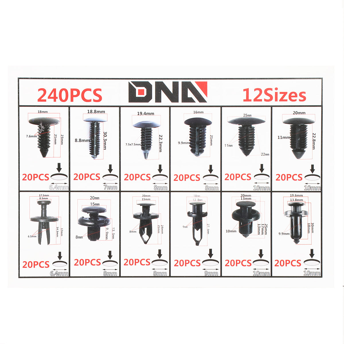HERRAMIENTAS DNA LOGO - 240PCS - 12 SIZES - W/ CLIP REMOVAL TOOL - BLACK