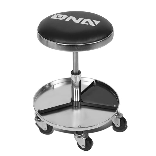 HERRAMIENTAS 250LBS MAX CAPACITY - 14" DIAMETER PADDED SEAT CUSHION - 17" DIAMETER TOOL TRAY WITH BUILT IN DIVIDERS - 5 X 360 DEGREE SWIVEL PLASTIC CASTER WHEELS - BLACK / CHROME