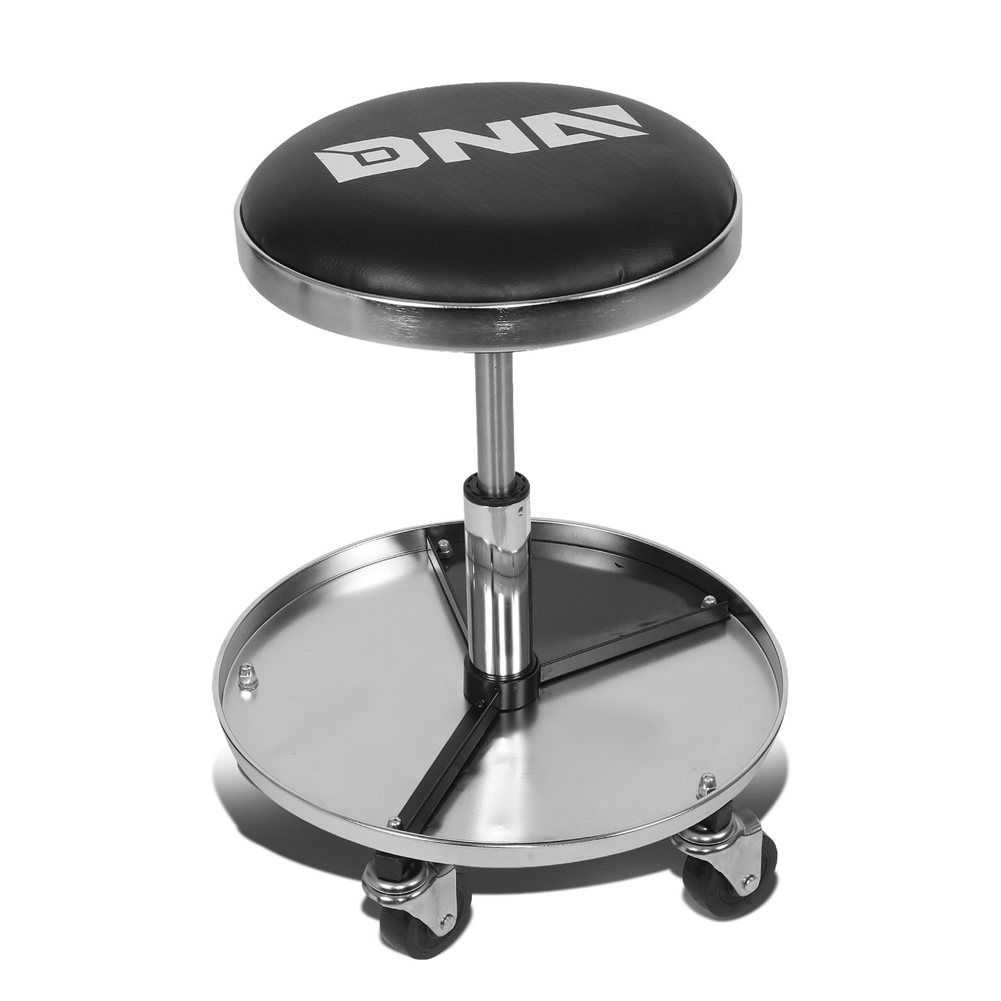 HERRAMIENTAS 250LBS MAX CAPACITY - 14" DIAMETER PADDED SEAT CUSHION - 17" DIAMETER TOOL TRAY WITH BUILT IN DIVIDERS - 5 X 360 DEGREE SWIVEL PLASTIC CASTER WHEELS - BLACK / CHROME