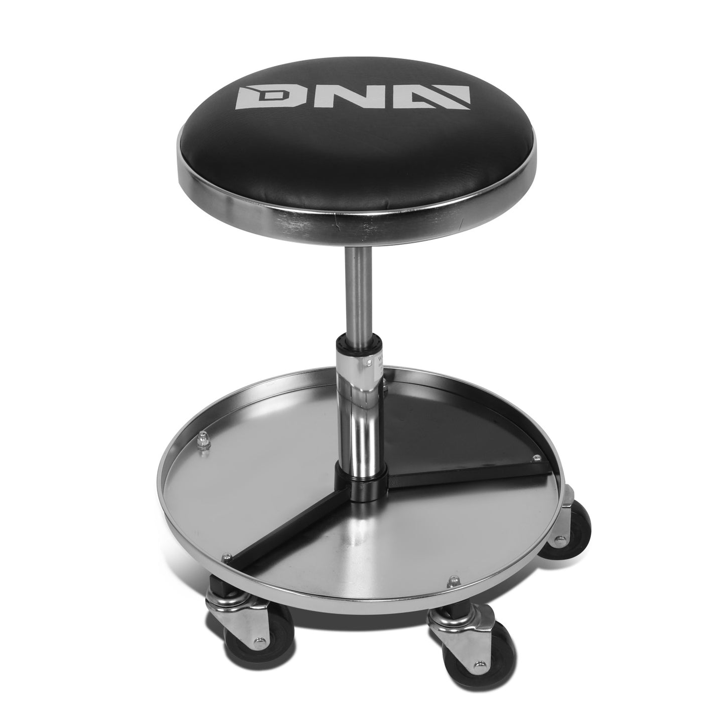 HERRAMIENTAS 250LBS MAX CAPACITY - 14" DIAMETER PADDED SEAT CUSHION - 17" DIAMETER TOOL TRAY WITH BUILT IN DIVIDERS - 5 X 360 DEGREE SWIVEL PLASTIC CASTER WHEELS - BLACK / CHROME