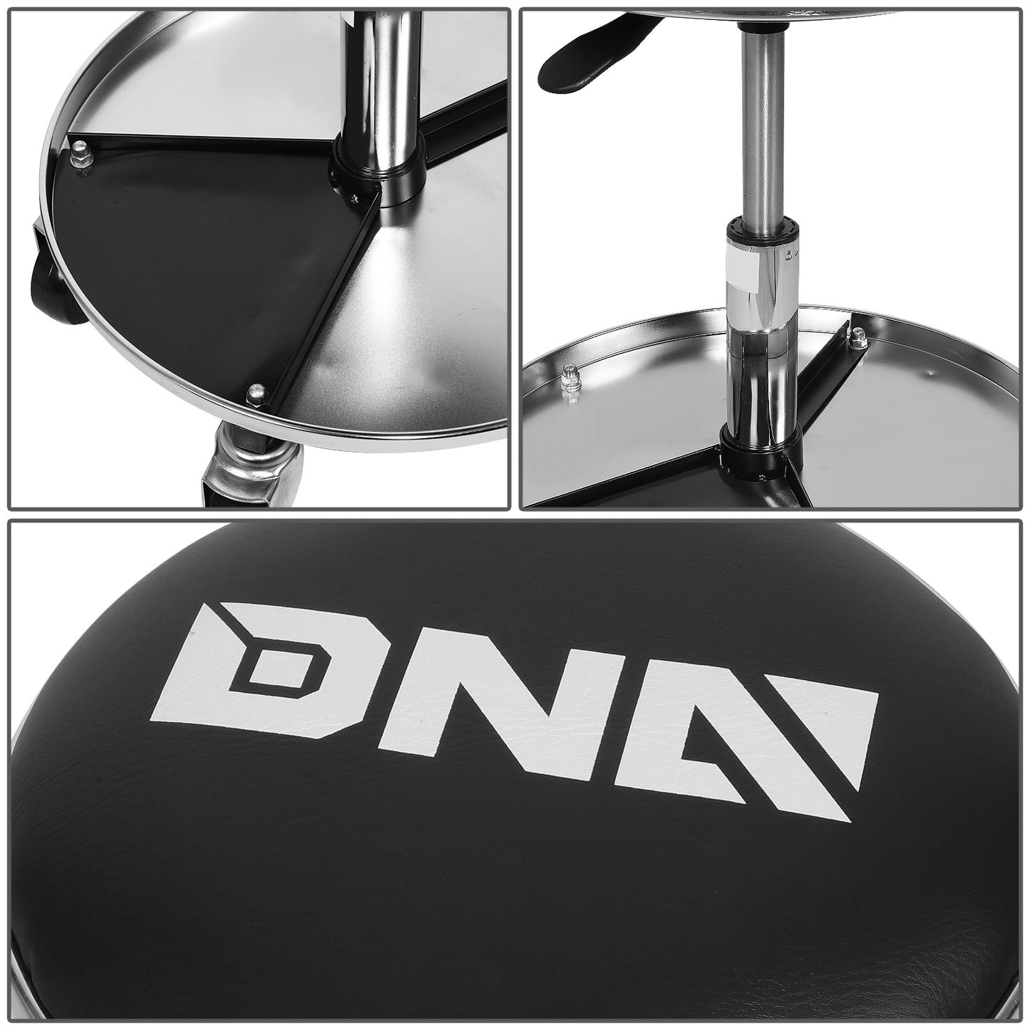 HERRAMIENTAS 250LBS MAX CAPACITY - 14" DIAMETER PADDED SEAT CUSHION - 17" DIAMETER TOOL TRAY WITH BUILT IN DIVIDERS - 5 X 360 DEGREE SWIVEL PLASTIC CASTER WHEELS - BLACK / CHROME