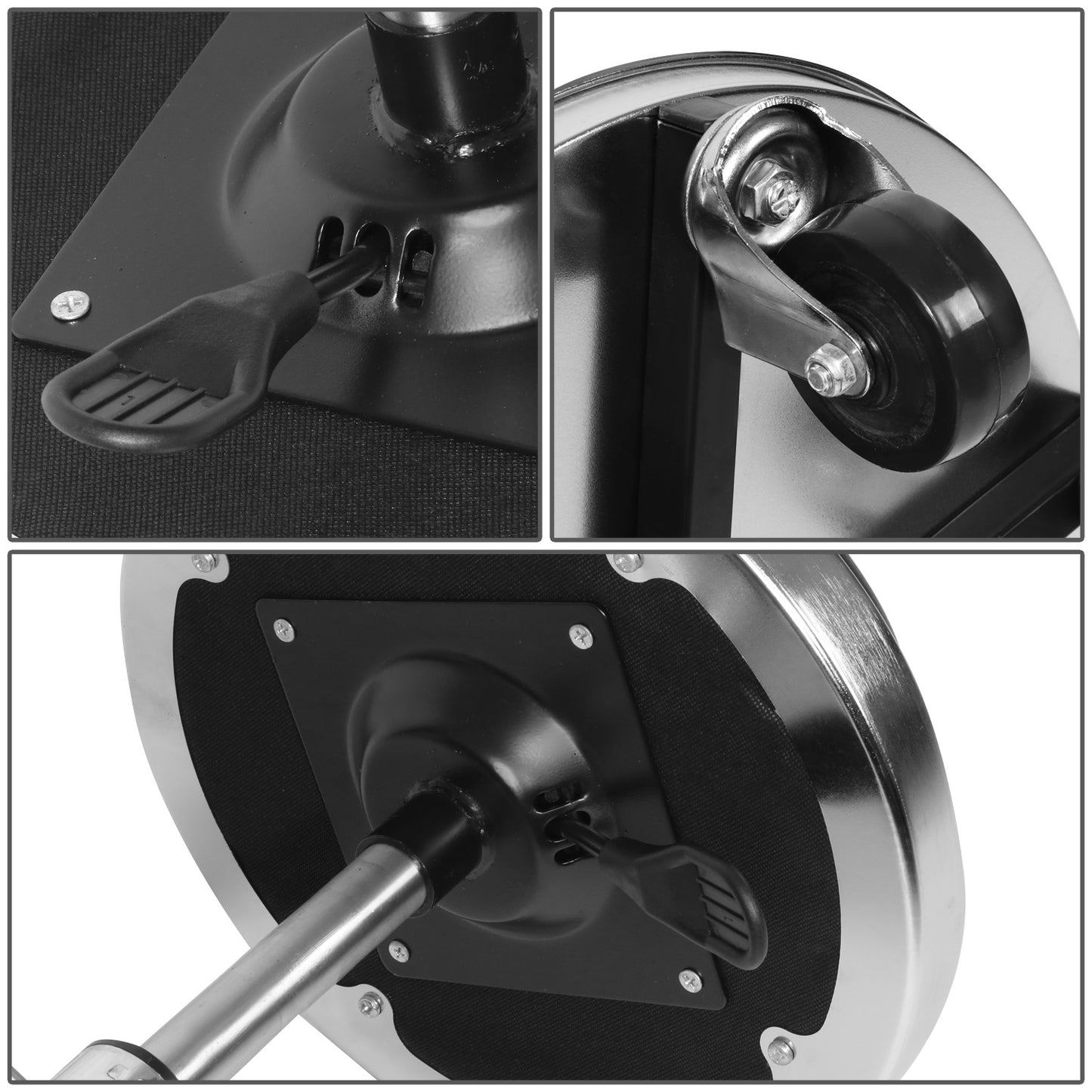 HERRAMIENTAS 250LBS MAX CAPACITY - 14" DIAMETER PADDED SEAT CUSHION - 17" DIAMETER TOOL TRAY WITH BUILT IN DIVIDERS - 5 X 360 DEGREE SWIVEL PLASTIC CASTER WHEELS - BLACK / CHROME