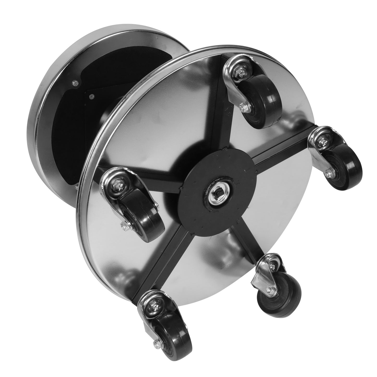 HERRAMIENTAS 250LBS MAX CAPACITY - 14" DIAMETER PADDED SEAT CUSHION - 17" DIAMETER TOOL TRAY WITH BUILT IN DIVIDERS - 5 X 360 DEGREE SWIVEL PLASTIC CASTER WHEELS - BLACK / CHROME