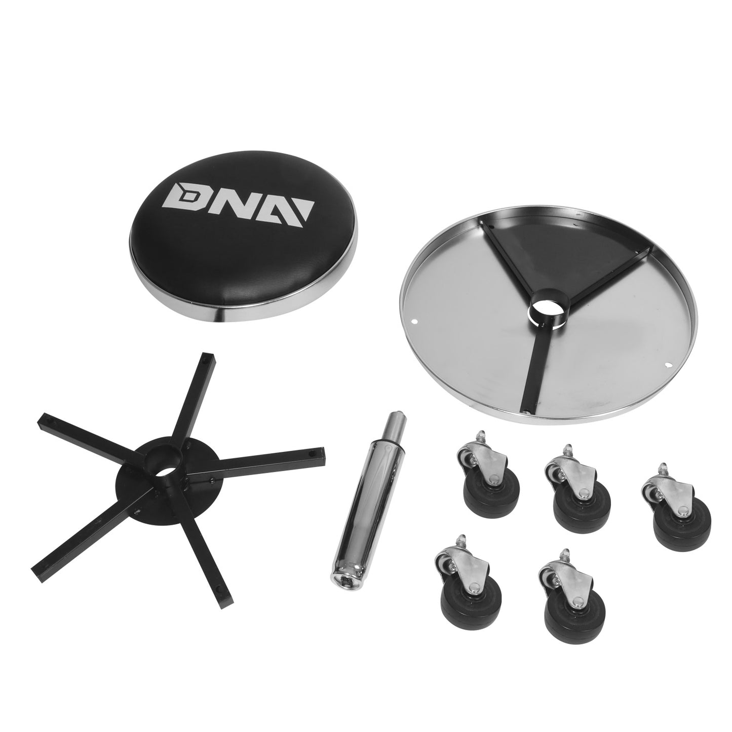 HERRAMIENTAS 250LBS MAX CAPACITY - 14" DIAMETER PADDED SEAT CUSHION - 17" DIAMETER TOOL TRAY WITH BUILT IN DIVIDERS - 5 X 360 DEGREE SWIVEL PLASTIC CASTER WHEELS - BLACK / CHROME