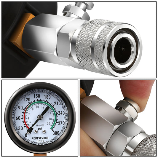 HERRAMIENTAS 1X AIR GAUGE WITH QUICK COUPLING & RELEASE VALVE / 1X HIGH-TENSION CONNECTING PIPE WITH SAFETY LOCK COUPLING / 1X CRANK SHAFT TYPE TEST PIPE WITH RUBBER PLUG / 1X TRANSVERSE AXIS TEST PIPE WITH RUBBER PLUG / 1X M10X 1.0 ADAPTER / 1X M12X 1.25