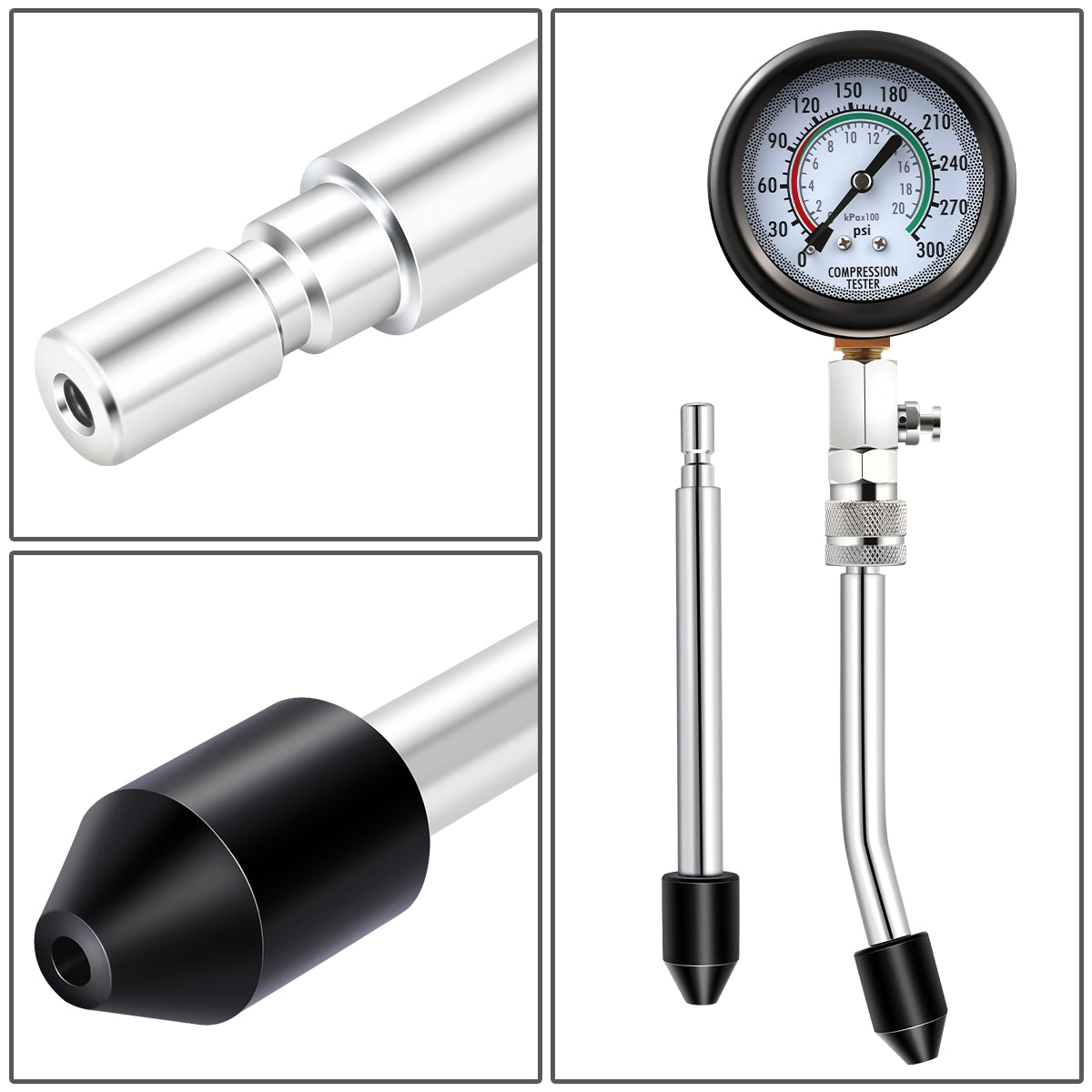 HERRAMIENTAS 1X AIR GAUGE WITH QUICK COUPLING & RELEASE VALVE / 1X HIGH-TENSION CONNECTING PIPE WITH SAFETY LOCK COUPLING / 1X CRANK SHAFT TYPE TEST PIPE WITH RUBBER PLUG / 1X TRANSVERSE AXIS TEST PIPE WITH RUBBER PLUG / 1X M10X 1.0 ADAPTER / 1X M12X 1.25