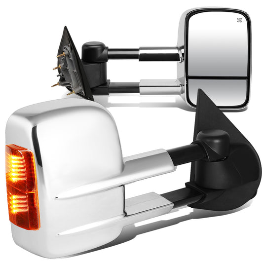 RETROVISORES EXTENDIBLES TOWING MIRROR - 14-18 CHEVY SILVERADO 1500 / 14-20 GMC SIERRA 1500 / 15-20 CHEVY SILVERADO 2500HD, 3500HD, GMC SIERRA 2500HD, 3500HD - PAIR - POWERED W/ HEATED - AMBER SIGNAL - CHROME