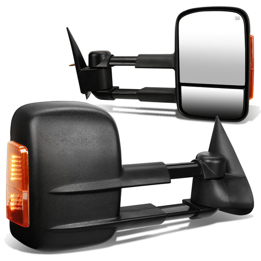 RETROVISORES EXTENDIBLES TOWING MIRROR - 99-02 CHEVY SILVERADO 1500, 2500, 3500, GMC SIERRA 1500, 2500, 3500 / 00-02 CHEVY TAHOE, CHEVY SUBURBAN 1500, 2500, GMC YUKON - PAIR - POWERED W/ HEATED - BLACK - AMBER SIGNAL