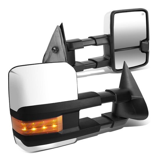 RETROVISORES EXTENDIBLES TOWING MIRROR - 99-06 CHEVY SILVERADO, GMC SIERRA / 00-06 CHEVY SUBURBAN, CHEVY TAHOE, GMC YUKON / 02-06 CHEVY AVALANCHE, CADILLAC ESCALADE - PAIR - POWERED W/ HEATED - LED AMBER SIGNAL - CHROME