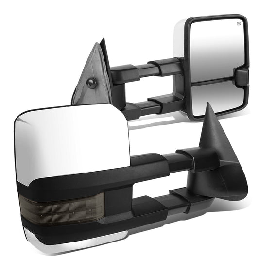 RETROVISORES EXTENDIBLES TOWING MIRROR - 99-06 CHEVY SILVERADO, GMC SIERRA / 00-06 CHEVY SUBURBAN, CHEVY TAHOE, GMC YUKON / 02-06 CHEVY AVALANCHE, CADILLAC ESCALADE - PAIR - POWERED W/ HEATED - LED SMOKE SIGNAL - CHROME