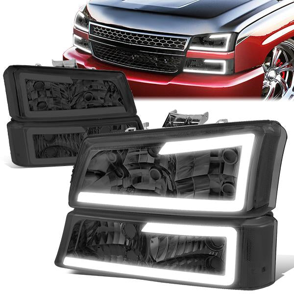 FAROS 03-06 CHEVY SILVERADO 1500, 2500, 3500 / 2007 CHEVY SILVERADO 1500, 2500, 3500 / 03-06 CHEVY AVALANCHE - FITS MODELS WITHOUT BODY CLADDING ONLY - FITS MODELS WITH HALOGEN HEADLIGHTS ONLY - LED DRL - 4PC - SMOKE HOUSING / CLEAR CORNER