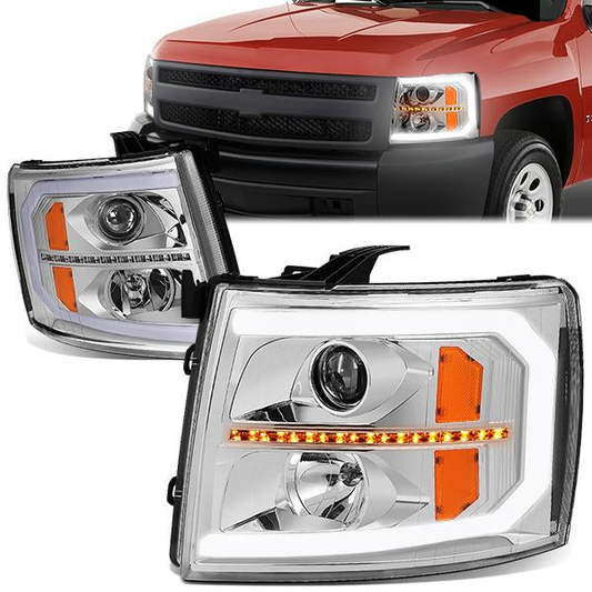 FAROS 07-13 CHEVY SILVERADO 1500 / 07-14 SILVERADO 2500, 3500 AND HD MODELS - DOES NOT FIT 2007 OLD BODY CLASSIC MODELS - LED DRL - SEQUENTIAL TURN SIGNAL - C-BAR - CHROME HOUSING / AMBER CORNER