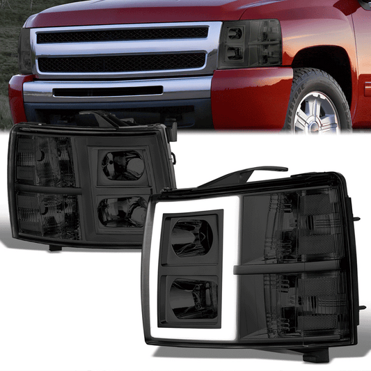 FAROS 07-13 CHEVY SILVERADO 1500 / 07-14 SILVERADO 2500 HD, 3500 - DOES NOT FIT 2007 OLD BODY CLASSIC MODELS - FITS MODELS WITH HALOGEN HEADLIGHTS ONLY - RECTANGLE LED DRL - SMOKE HOUSING / CLEAR CORNER