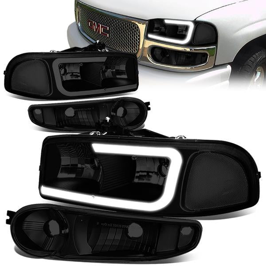 FAROS 00-06 GMC YUKON / 01-06 GMC YUKON XL 1500 / 02-06 GMC SIERRA 1500 / 2007 GMC SIERRA 1500 CLASSIC - FITS DENALI MODELS ONLY - LED DRL - BLACK HOUSING / SMOKE LENS / CLEAR CORNER - 9005 LOW BEAM / 9005 HIGH BEAM