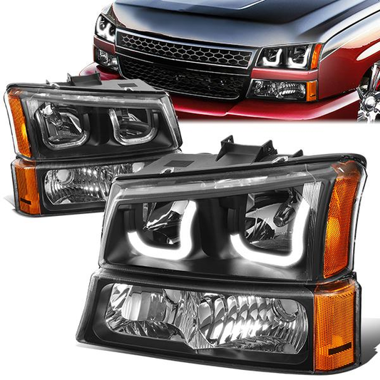 FAROS 03-06 CHEVY SILVERADO 1500, 2500, 3500, 1500HD, 2500HD, AVALANCHE 1500, AVALANCHE 2500 / 2007 CHEVY SILVERADO 1500, 1500HD, 2500HD, 3500 CLASSIC - J-HALO LED DRL - 4PC - BLACK HOUSING / AMBER CORNER