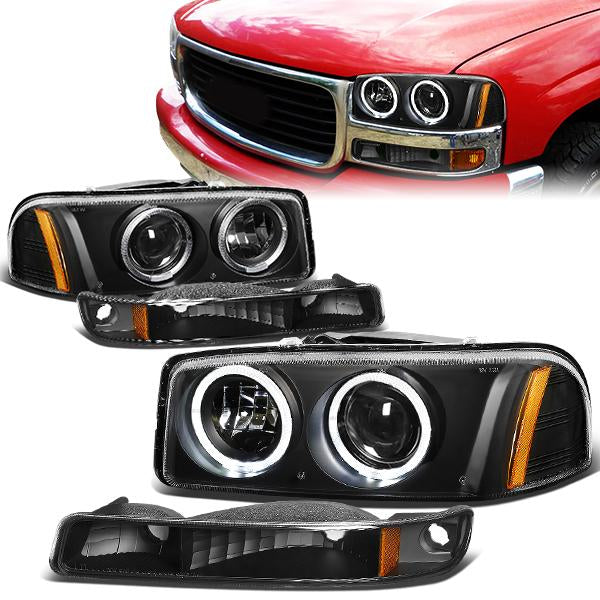 FAROS 99-07 GMC SIERRA , YUKON 4-DOOR - LED - DUAL HALO PROJECTOR - BLACK HOUSING / AMBER CORNER - 9005 LOW BEAM / HIGH BEAM
