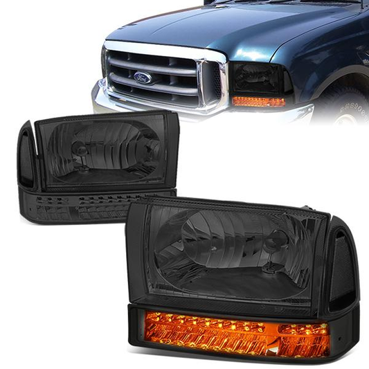 FAROS 99-04 FORD F-250, F-350 / 00-04 FORD EXCURSION 2/4-DOOR - DOES NOT FIT LIGHT DUTY MODELS OR MODELS WITH SEALED BEAM HEADLIGHTS - LED DRL - SMOKE HOUSING / CLEAR CORNER - 9007 LOW BEAM / HIGH BEAM