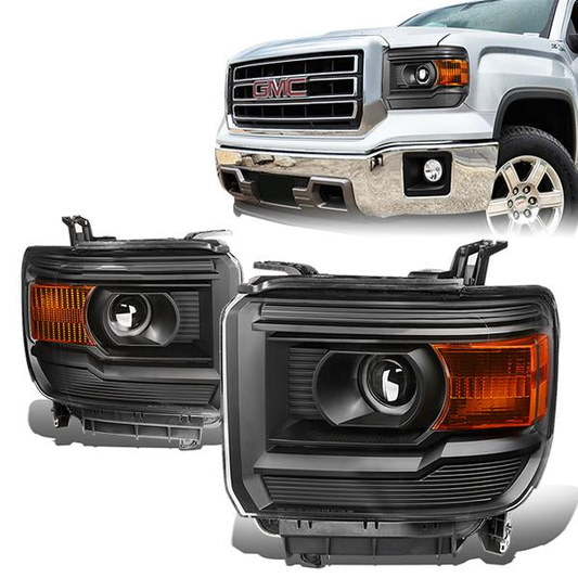 FAROS 14-15 GMC SIERRA 1500 / 15-17 GMC SIERRA 2500 , 3500 2/4-DOOR - FITS HALOGEN HEADLIGHTS MODELS ONLY - PROJECTOR - H7 LOW BEAM / HIGH BEAM - BLACK HOUSING / AMBER CORNER