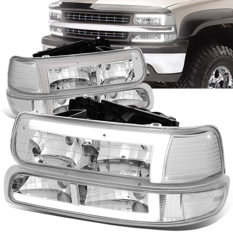 FAROS 99-02 CHEVY SILVERADO 1500, 2500 / 01-02 SILVERADO 1500 HD, 2500 HD, 3500 / 00-06 SUBURBAN 1500, 2500, TAHOE - REQUIRES WIRING TO EXISTING VEHICLES WIRING HARNESS - LED DRL - 4PC - CHROME / CLEAR