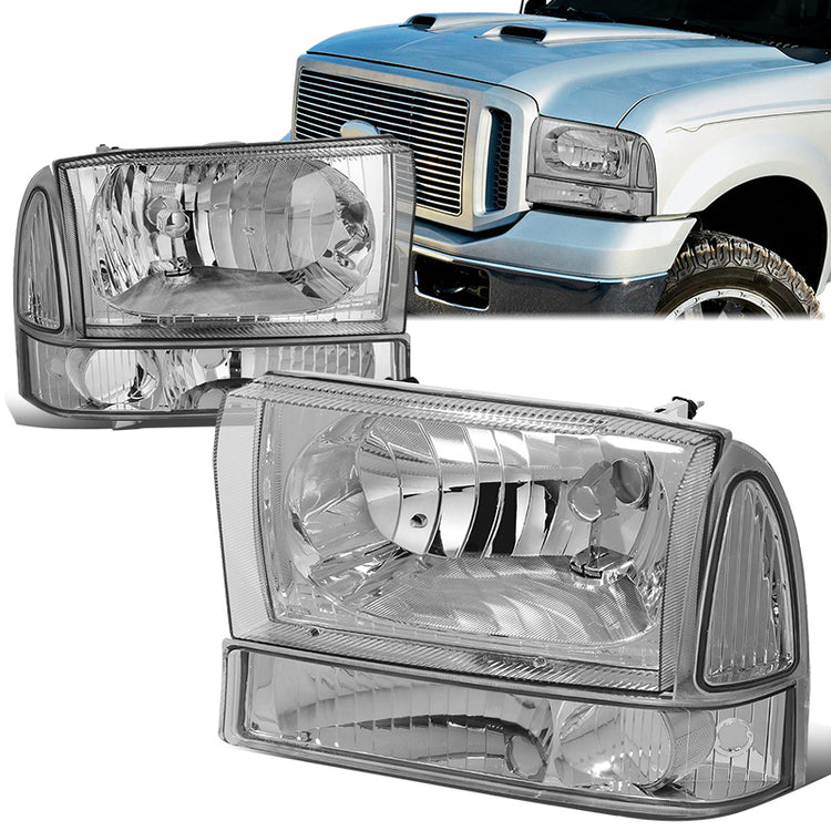 FAROS 99-04 FORD SUPER DUTY F-250, F-350, F-450, F-550 2/4-DR - 4PC - 9007 LOW BEAM / HIGH BEAM / 3157A TURN SIGNAL - CHROME HOUSING / CLEAR CORNER