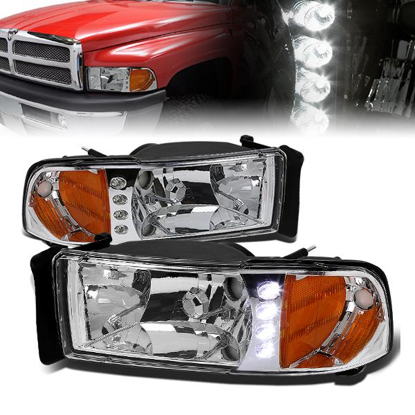 FAROS 94-02 DODGE RAM 2500, 3500 / 2001 RAM 1500 2/4-DOOR - 1PC - LED - CHROME HOUSING / AMBER CORNER - 9004 LOW BEAM / HIGH BEAM