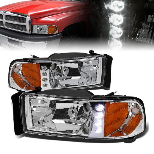 FAROS 94-02 DODGE RAM 2500, 3500 / 2001 RAM 1500 2/4-DOOR - 1PC - LED - CHROME HOUSING / AMBER CORNER - 9004 LOW BEAM / HIGH BEAM