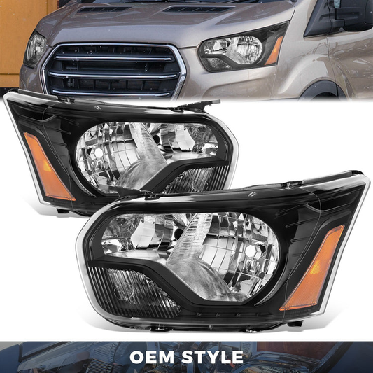 FAROS FORD TRANSIT 150 2015-2023 / FORD TRANSIT 250 2015-2023 / FORD TRANSIT 350 2015-2023 - WITH FACTORY HALOGEN HEADLIGHTS - OE STYLE - H11 LOW / 9005 HIGH / 3457A TURN SIGNAL / 194 SIDE MARKER - BLACK HOUSING / AMBER CORNER