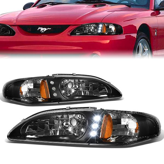 FAROS 94-98 FORD MUSTANG 2-DOOR - 1PC - LED - BLACK HOUSING / AMBER CORNER - 9007 LOW BEAM / HIGH BEAM