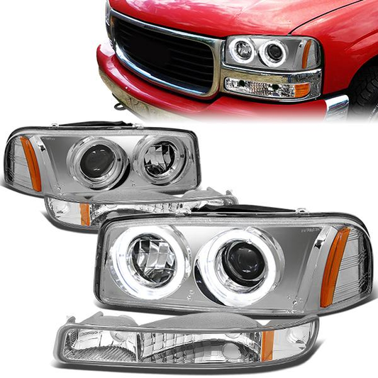 FAROS 99-07 GMC SIERRA , YUKON 4-DOOR - LED - DUAL HALO PROJECTOR - CHROME HOUSING / AMBER CORNER - 9005 LOW BEAM / HIGH BEAM