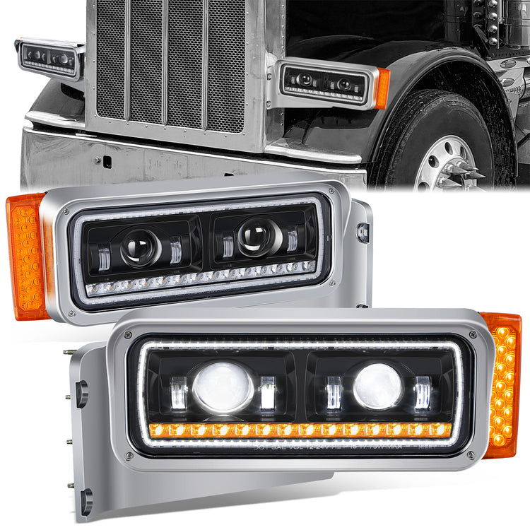 FAROS 81-88 PETERBILT 359 / 87-07 PETERBILT 379 / 08-21 PETERBILT 389 - FULL LED SEQUENTIAL CHASING TURN SIGNAL HEADLIGHT - BLACK
