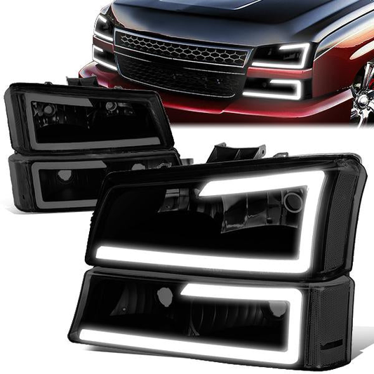 FAROS 03-06 CHEVY SILVERADO 1500, 2500, 3500 / 2007 CHEVY SILVERADO 1500, 2500, 3500 / 03-06 CHEVY AVALANCHE - FITS MODELS WITHOUT BODY CLADDING ONLY - FITS MODELS WITH HALOGEN HEADLIGHTS ONLY - LED DRL - 4PC - BLACK HOUSING / CLEAR CORNER / SMOKE LENS