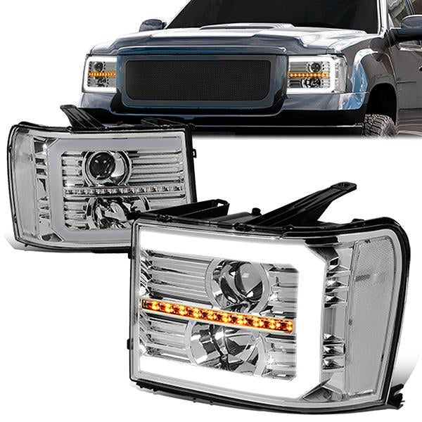 FAROS 07-13 GMC SIERRA 1500 / 07-14 GMC SIERRA 2500, 3500 - DOES NOT FIT 2007 CLASSIC STYLES - C-BAR LED DRL - SEQUENTIAL LED - CHROME HOUSING / CLEAR CORNER