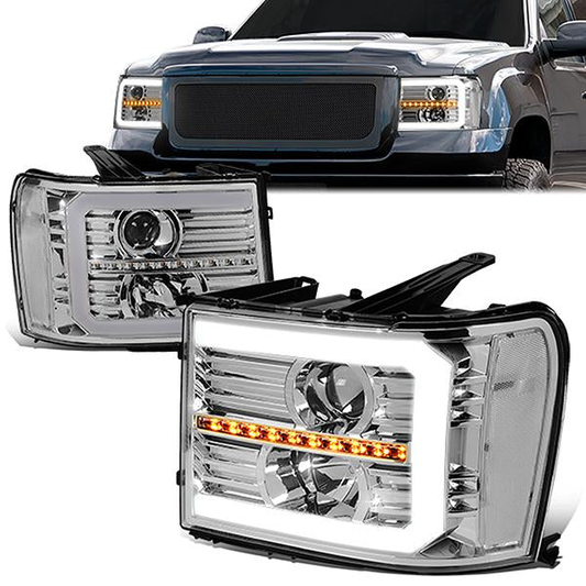 FAROS 07-13 GMC SIERRA 1500 / 07-14 GMC SIERRA 2500, 3500 - DOES NOT FIT 2007 CLASSIC STYLES - C-BAR LED DRL - SEQUENTIAL LED - CHROME HOUSING / CLEAR CORNER