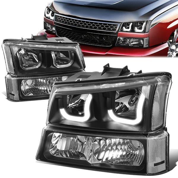 FAROS 03-06 CHEVY SILVERADO 1500, 2500, 3500, 1500HD, 2500HD, AVALANCHE 1500, AVALANCHE 2500 / 2007 CHEVY SILVERADO 1500, 1500HD, 2500HD, 3500 CLASSIC - J-HALO LED DRL - 4PC - BLACK HOUSING / CLEAR CORNER