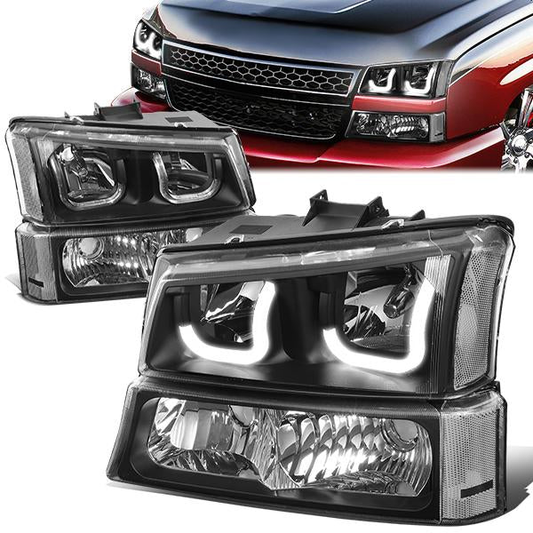 FAROS 03-06 CHEVY SILVERADO 1500, 2500, 3500, 1500HD, 2500HD, AVALANCHE 1500, AVALANCHE 2500 / 2007 CHEVY SILVERADO 1500, 1500HD, 2500HD, 3500 CLASSIC - J-HALO LED DRL - 4PC - BLACK HOUSING / CLEAR CORNER