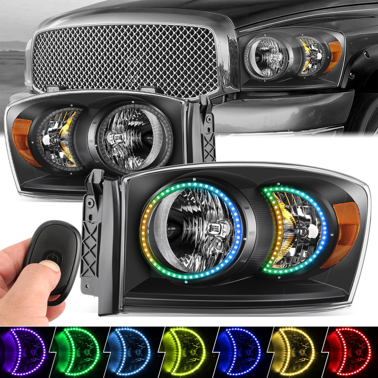 FAROS 06-08 DODGE RAM 1500 / 06-09 DODGE RAM 2500 3500 - FITS MODELS WITH HALOGEN HEADLAMPS ONLY - FOR 2009, FIT OLD BODY STYLE ONLY, DOES NOT FIT NEW BODY STYLE MODELS - LED HALO RING RGB RUNNING LIGHT - H13 HIGH / LOW BEAM / 3157 TURN SIGNAL - BLACK
