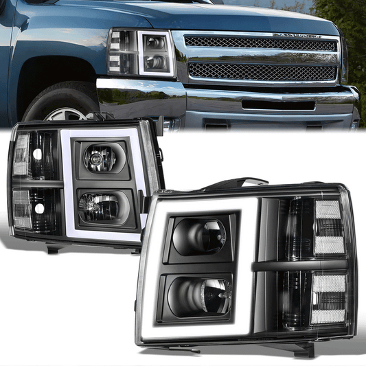 FAROS 07-13 CHEVY SILVERADO 1500 / 07-14 SILVERADO 2500 HD, 3500 - DOES NOT FIT 2007 OLD BODY CLASSIC MODELS - FITS MODELS WITH HALOGEN HEADLIGHTS ONLY - RECTANGLE LED DRL - BLACK HOUSING / CLEAR CORNER