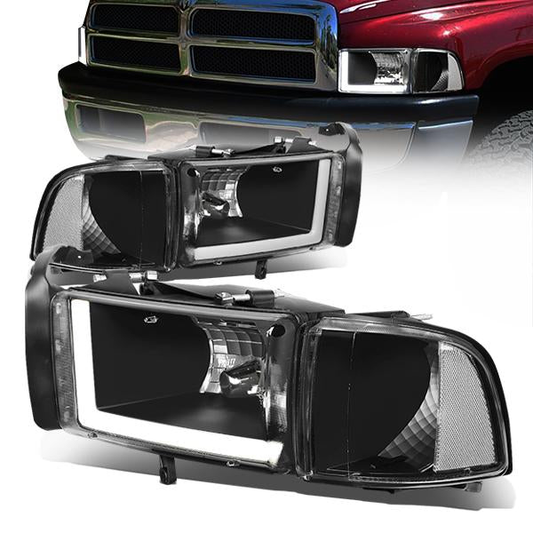 FAROS 94-01 DODGE RAM 1500 / 94-02 DODGE RAM 2500 3500 - DOES NOT FIT SPORT MODELS - LED DRL - BLACK HOUSING / CLEAR CORNER - 9004 LOW BEAM / HIGH BEAM
